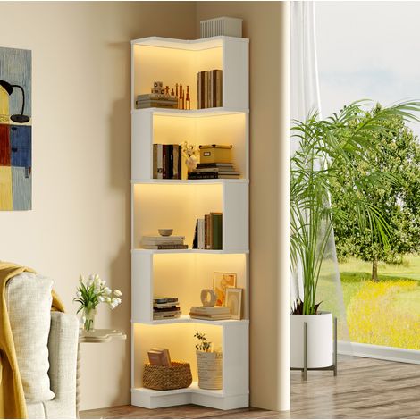 Regal Aufbewahrung Eck LED MDF 63x45x175cm Weiß OKMYHOME (1/5)