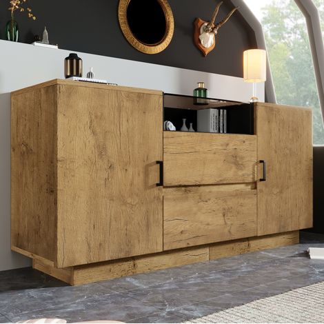 Credenza 140x40x70 cm rovere in truciolare e vetro ESG con 2 cassetti, 2 ante e vano aperto (1/5)
