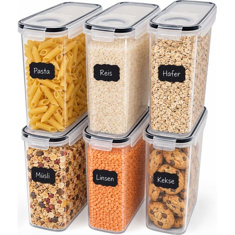 Relaxdays Food Storage Containers, 6-Piece Set, 4 l, Airtight Lid, Click Closure, Labels, Transparent (1/5)