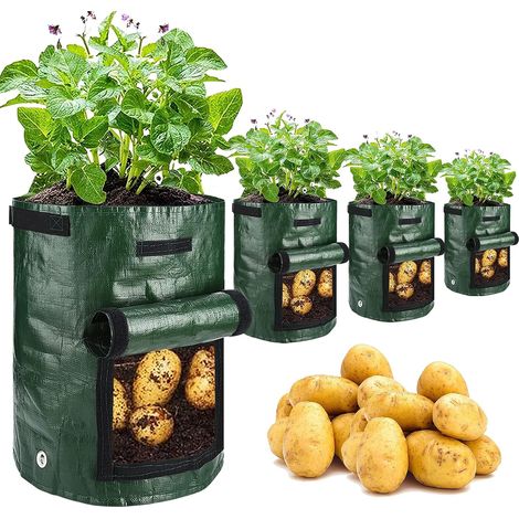 Sacs de culture pour pommes de terre, lot de 4, 10 gallons (38 litres), avec rabat et poignée, compatibles avec oignons, fruits, tomates et carottes - Vert (1/5)