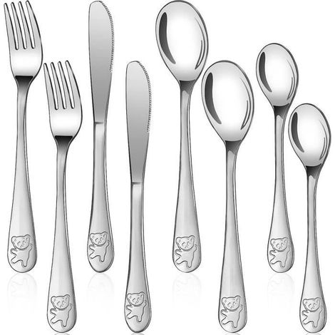 Lot de Couverts Enfants en INOX 8 Pièces: 2 x Fourchettes, 4 x Cuillères, 2 x Couteaux, Set Couvert Bébé en Poignée Inoxydable