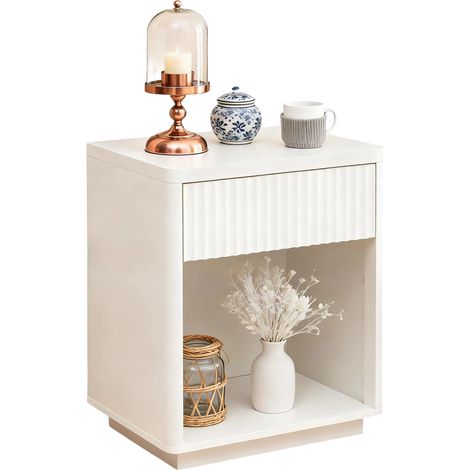 Table de chevet avec tiroir et étagère ouverte, table d'appoint moderne au design ondulé, bout de canapé robuste en bois pour chambre, salon, bureau – montage facile (1/5)