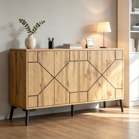 Buffet à motif ondulé, 4 portes à mécanisme de rappel, meuble de rangement MDF pour salle à manger, bureau et salon, charge 50 kg, meuble de cuisine, meuble de rangement, couleur bois, 120×35×69 cm. (1/5)