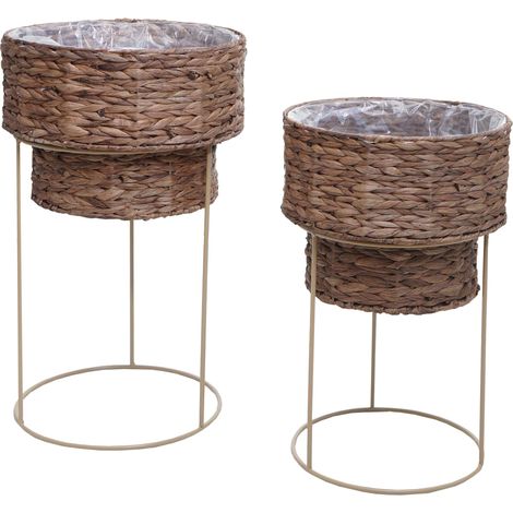 [NEUWERTIG] 2er-Pflanzentopf-Set HHG-904, Pflanzkasten Pflanzkübel Blumentopf, Metall Wasserhyazinthe dunkelbraun, Gestell beige (1/5)
