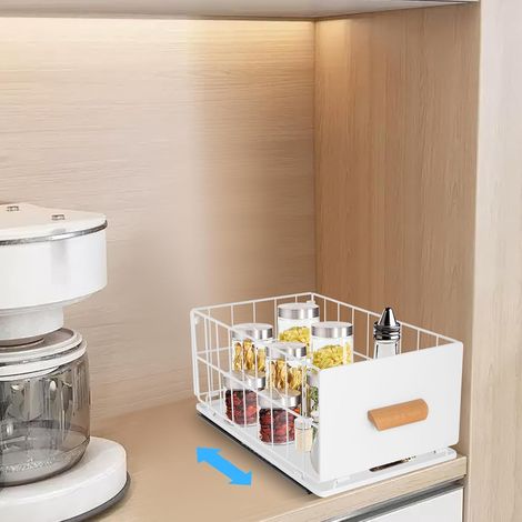 Panier de rangement coulissant, blanc, extensible, pour armoire, sous l'évier, organisateur de maison, armoire coulissante pour salle de bain, étagères de rangement (1/5)
