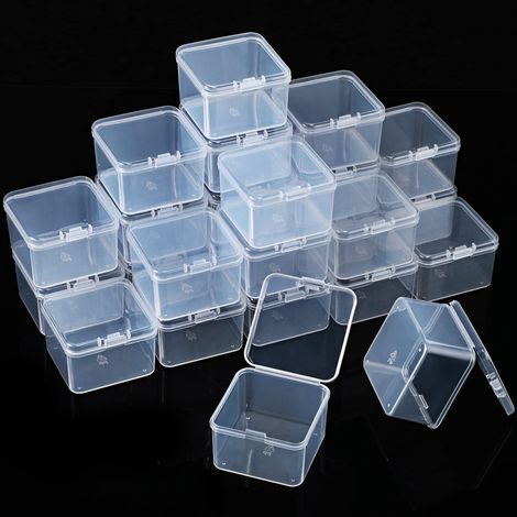 48 pequeños recipientes de plástico transparente con tapa abatible para manualidades, joyería y objetos pequeños (5 x 5 x 3,5 cm) (1/5)