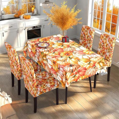 Nappe de Thanksgiving à motifs de feuilles d'érable et de citrouilles, ensemble nappe et housse de chaise pour restaurant, thème récolte d'automne, TC-302 (140 x 210 cm) (1/3)