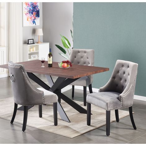 Duke LUX Windsor Dining Set - un tavolo da pranzo in legno di noce e un set di 4 sedie da pranzo in velluto grigio scuro - sala da pranzo cucina (1/5)