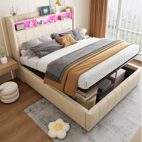 Lit coffre 140x200 LED USB, lin beige et métal HAVRYA (1/5)