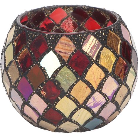Porte-bougie en verre mosaïque rouge, décoratif artisanal romantique pour bougies parfumées (1/5)