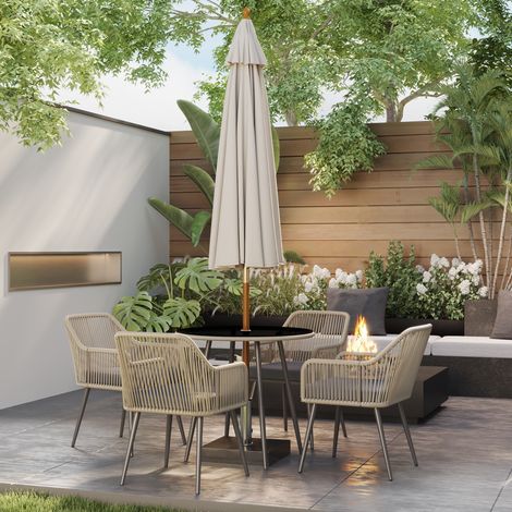Salon de jardin 4 personnes en rotin synthétique brun - table ronde avec plateau verre + coussins, pour extérieur terrasse balcon