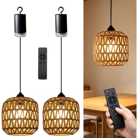 2 lampade a sospensione IP65 a batteria in rattan naturale, con telecomando regolabile, lunga durata della batteria, facili da installare. (1/4)