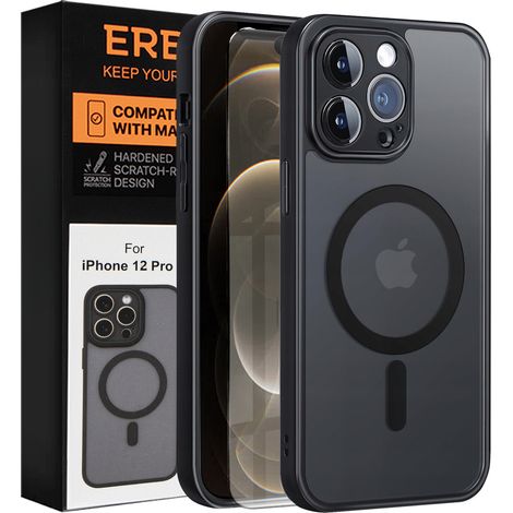 Funda para iPhone 12 Pro Max, MagSafe, funda mate Erbord, negra + protector de pantalla (1/5)