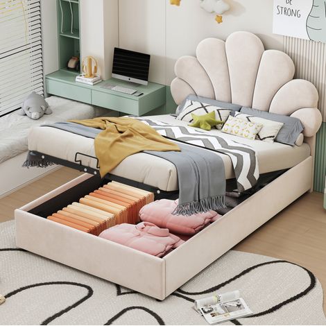Cama con almacenaje hidráulico 90x200 beige OKMYHOME (1/5)