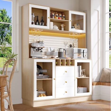 Meuble de rangement haut avec LED, porte vitrée, casier à vin, blanc DESVIAE (1/5)