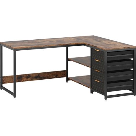 L-förmiger Eckschreibtisch mit 4 Schubladen, Regalen und Metallgestell, Schwarz/Braun (1/5)