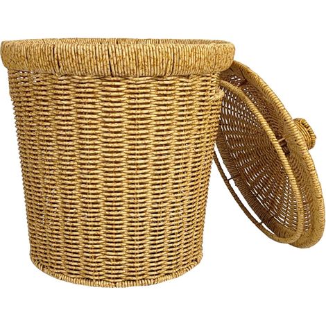 Poubelle Ronde Petite en Rotin Tressé à la Main avec Couvercle Structure en Fer et Polypropylène Panier à Déchets 20X28 CM Cuisine Salle de Bain et Bureau Poubelle Moderne et (1/5)