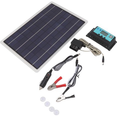 Kit chargeur de batterie solaire avec panneau solaire monocristallin 20 W, contrôleur de tension stabilisé MPPT 18 V 50 A et double port USB pour voiture et camping-car. (1/5)