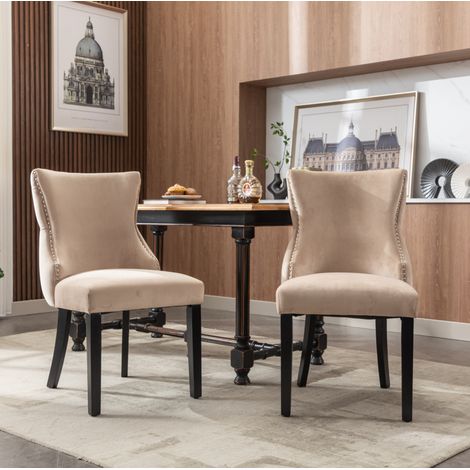 chaise salle a manger velours lot 2 bois massif beige OKMYHOME (1/5)