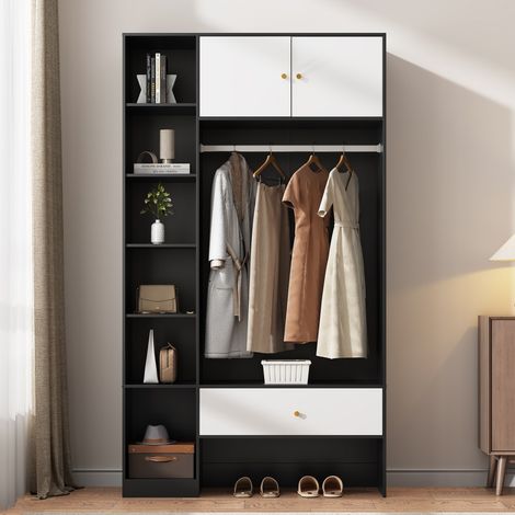 Armoire compacte entrée noir et blanc-2 portes-6 compartiments-tringle-tiroir-105x40x185cm