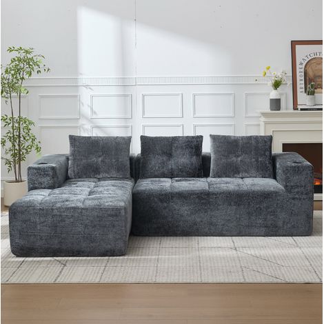 Divano angolare 258 cm grigio in ciniglia imbottita con portabicchieri e seduta profonda (1/5)