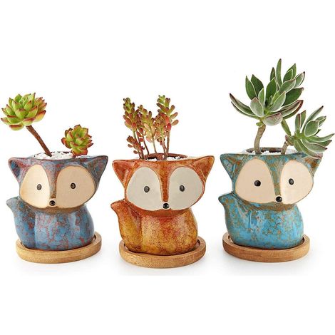 Petits Pots pour Cactus en Céramique 10 cm Lot de 3 avec Plateau Bambou Décoration intérieure, Bureau et rebord de fenêtre, Pour plantes grasses, Sans plantes (1/5)