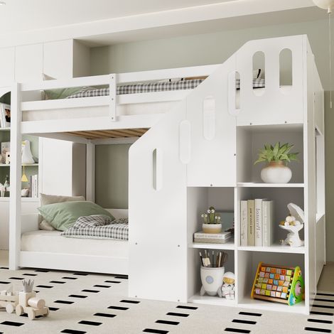 Lit superposé 90x200 avec rangements en bois blanc HAVRYA (1/5)