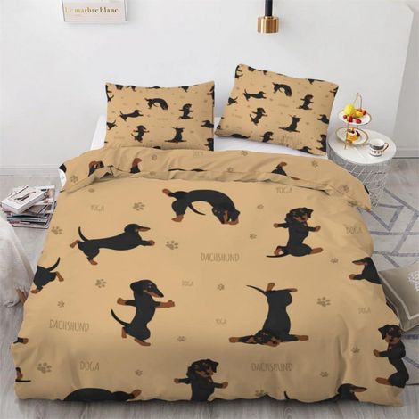 Ensemble de literie 200x200 cm avec motif de chien teckel, 3 pièces, microfibre, literie réversible