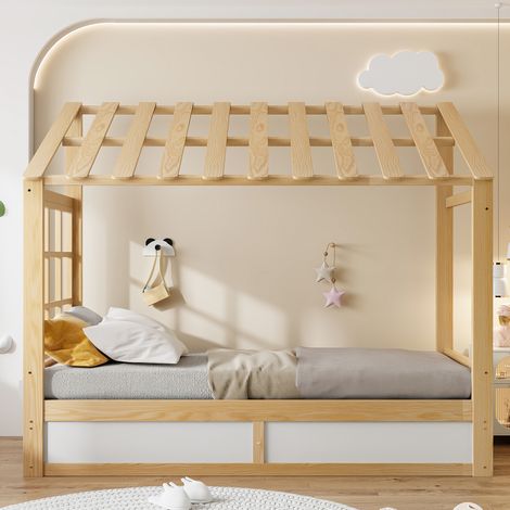 Lit cabane enfant 90x200cm avec rangement hydraulique,toit et fenêtre,lit coffre avec étagères latérales,métal,contreplaqué et MDF,bois et blanc (1/4)