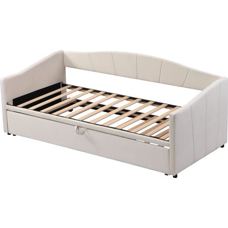Ausziehbares Polsterbett 90 x 200 und 180 x 200 cm, Einzel-/Doppelbett mit Rückenlehne, ohne Matratze, Beige (1/5)