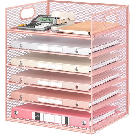 6 Niveaux Organisateur de Bureau Maille Métallique, Rangement de Papier avec Poignée, Banette de Rangement Bureau Corbeille a Courrier Range Document Bureau, Rose (1/4)