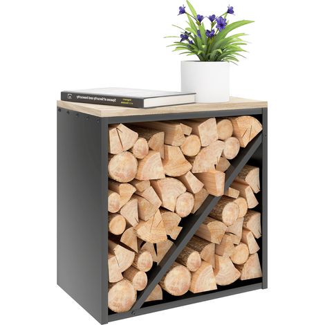 2-in-1 Kaminholzregal für innen 58 x 36 x 60cm erhöhtes Brennholzregal mit Trenner Metall Schwarz (1/5)
