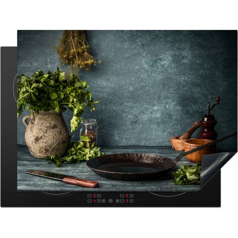 PROTECTION PLAQUE INDUCTION Herbes - Épices - Poêle - Couteau - Gris - Rustique Couvre Plaque De Cuisson 71x52 cm (1/5)