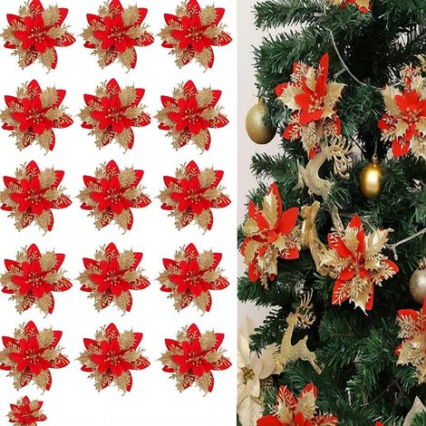 16 fleurs de Noël en or rouge 14cm guirlandes décoratives (1/5)