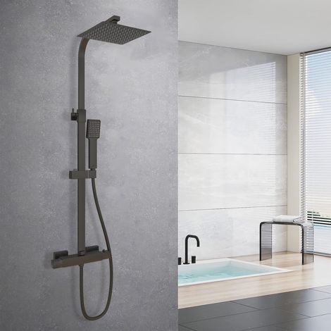 Acezanble Bathroom Exposed Valve Thermostatic Mixer Shower Set Square Black Twin Head (1/5)