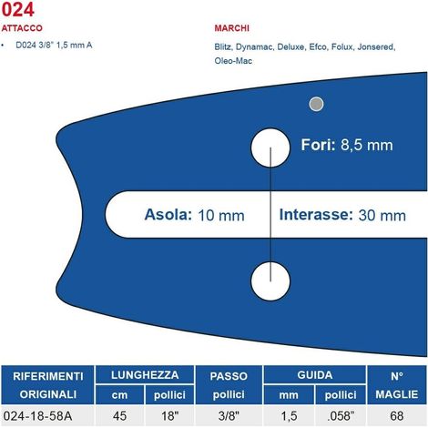 Barra motosega 45 cm - 18" passo 3/8", spessore 1.5 mm - .058" attacco 024, 68 maglie 452745