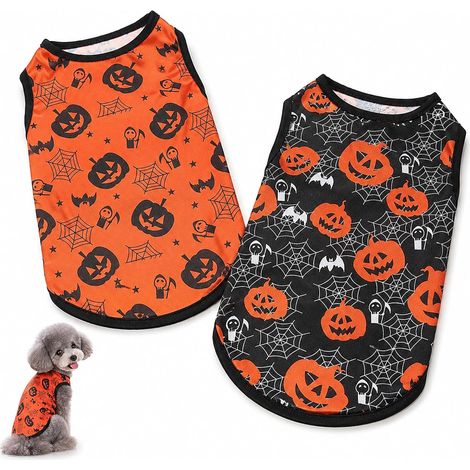 2 Pièces Déguisement Halloween Chien, Gilet Respirant pour Petit Chien et Chat, Costume Citrouille avec Chauve-Souris, Araignée, Squelette et Fantôme, Tenue de Fête Confortable pour Animal (1/5)