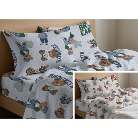 Completo Lenzuola Letto Morbida Flanella 100% Cotone Disegno Teddy, misuraPiazza E MezzacoloreBeige (1/5)
