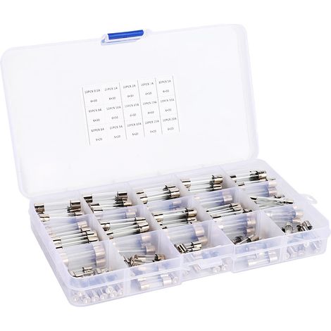 Lot de 150 fusibles verre 6x30mm et 5x20mm, ampères variés 0,5A à 30A, pour électronique et bricolage, coffret assortiment. (1/5)