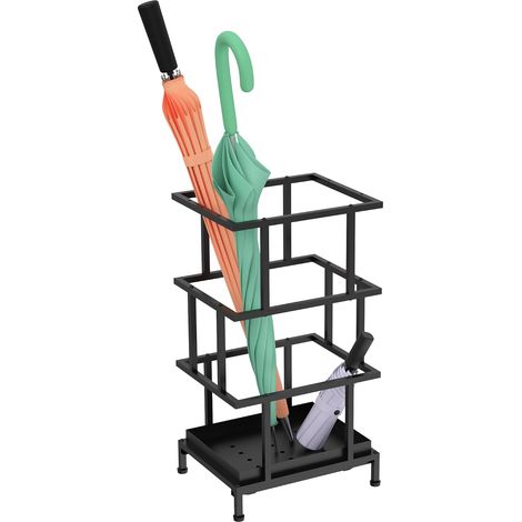 Porte-parapluie en métal avec bac récupérateur d'eau amovible et pieds réglables, 26,5 x 21,5 x 47,5 cm, support de parapluie pliable grand et petit, noir (1/5)