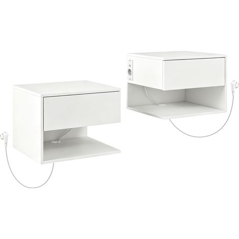 Set 2 Comodini Sospesi a Parete 40x35x30 cm con Prese di Corrente in Melamina Bianco (1/5)