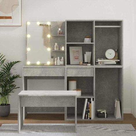 Ensemble coiffeuse avec miroir LED, bois d’ingénierie, gris béton, 4 pièces - PANGIVO (1/5)