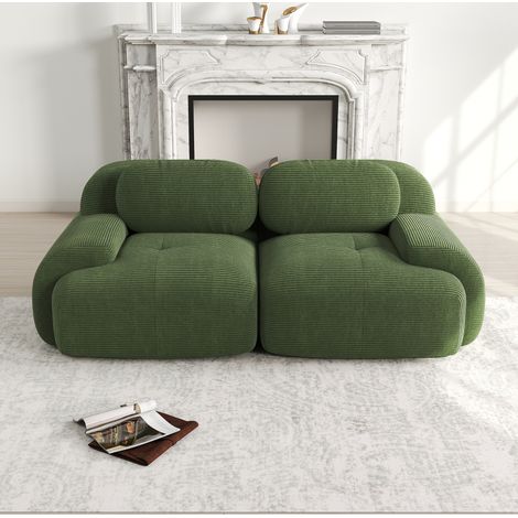 Canapé d’angle modulable en tissu côtelé vert, sans structure, accoudoirs courbés, base antidérapante (1/5)