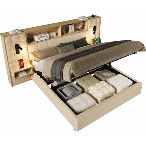 Cama con Almacenaje 180 x 200 cm, Cama Doble con USB, Type-C y 2 Lámparas, sin Colchón, Beige (1/5)