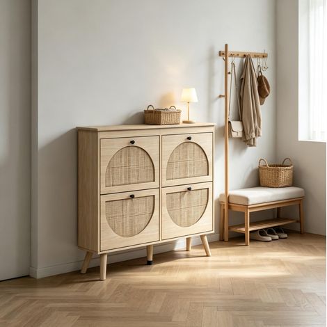 Scarpiera 105x24x97,5 cm in rattan e pannelli, naturale, salvaspazio – MEUBLIV (1/5)