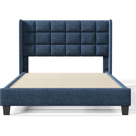 Cama doble tapizada 140x200 cm de lino azul con somier de láminas HOMVRA (1/5)