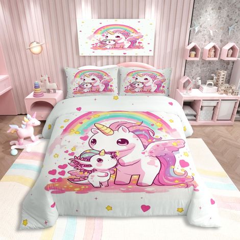 Parure de lit - Motif licorne Axolotl - Avec housse de couette 135 x 200 cm - Motifs : licorne, arc-en-ciel, cœurs, étoiles, nuages, rose et blanc dégradé de couleurs - Décoration de (1/5)