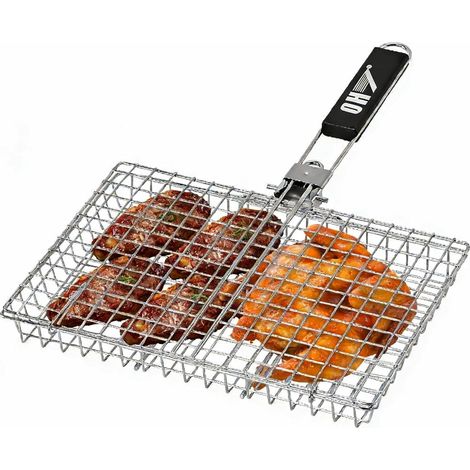 Panier de barbecue robuste en acier inoxydable pour le camping et - Grille cuisson pliable portable avec poignée amovible Filet anti-adhésif poissons, légumes, crevettes (1/5)