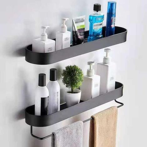 Panier De Douche, Étagère Murale Noire, Porte-Serviettes De Cuisine, Étagère De Salle De Bain, Panier De Rangement De Douche, Organisateur De Cuisine En Métal, Installation Sans Clous Pour Sa (1/4)