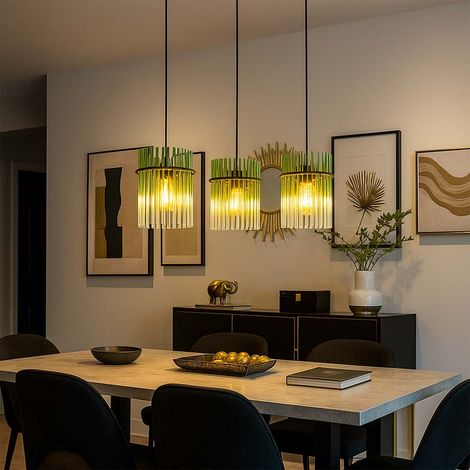 LED Pendellampe Esstischleuchte Hängelampe Wohnzimmerleuchte 3 flammig, Metall grün, klar, schwarz, 7W 806lm warmweiß, LxBxH 80x20x140 cm